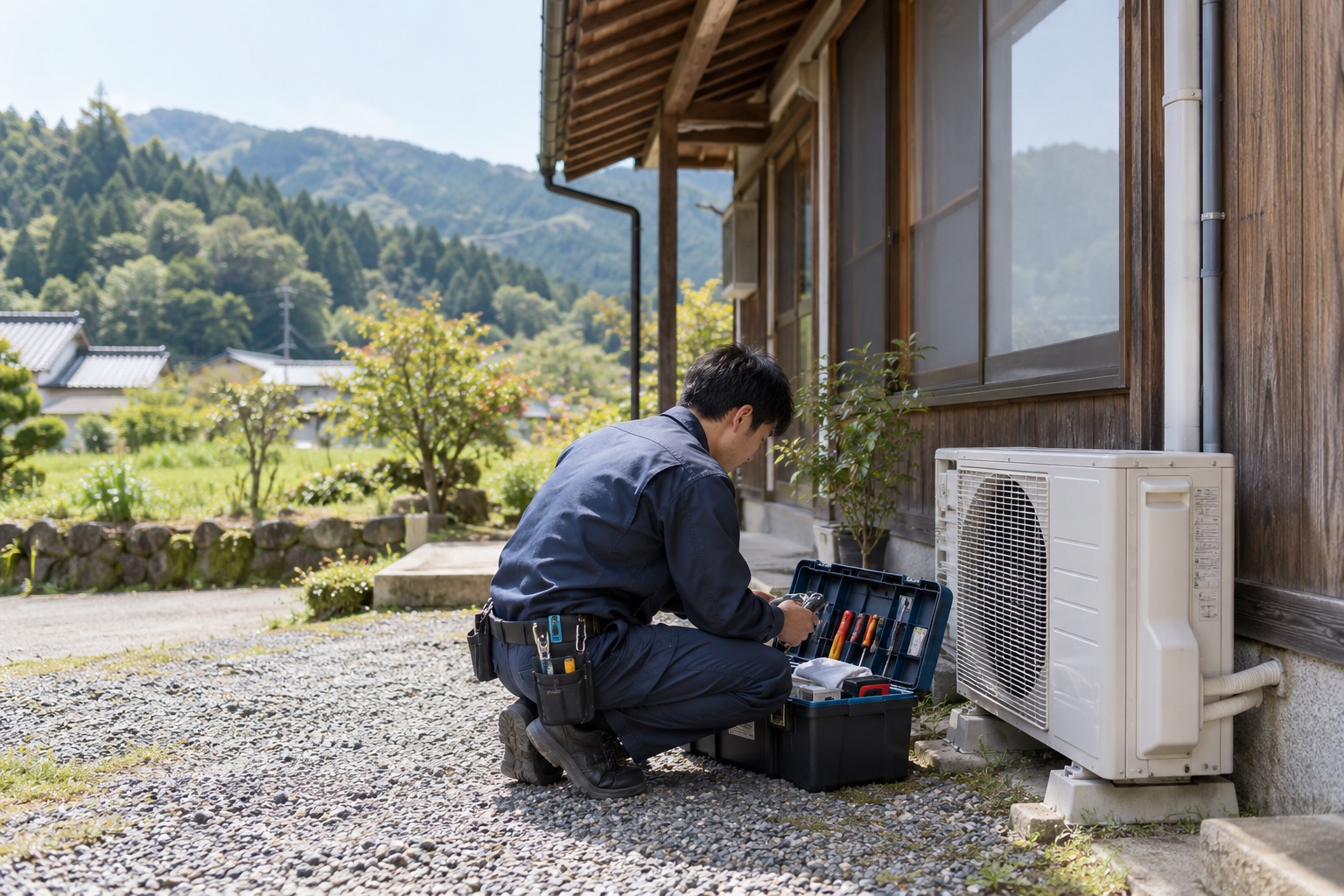 地域の住宅で、工具を準備する設備の点検担当者のイメージ